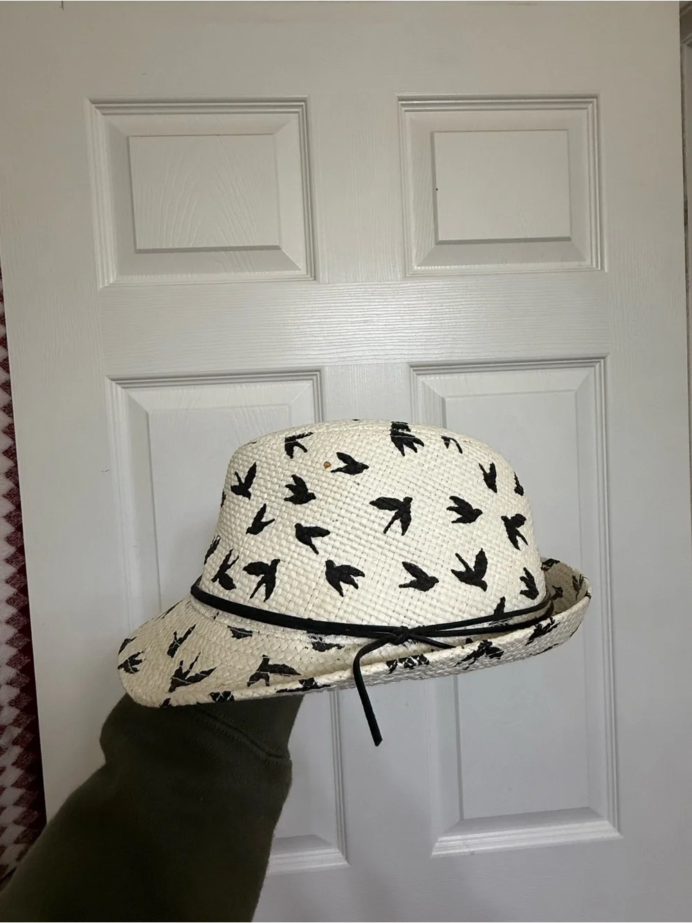 White Straw Hat with Black Bird Print